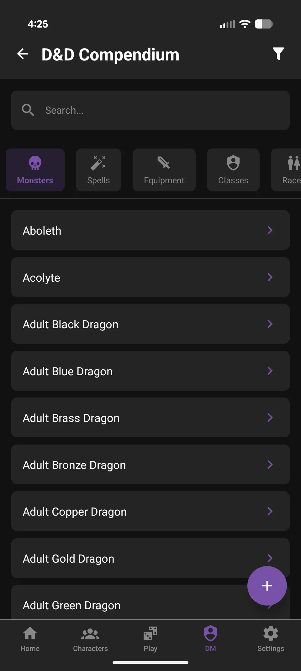 D&D Compendium — Monster list with search and category filters